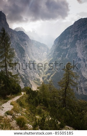 Sunlit rock scenery, beautiful striking landscape scene around Triglav, the highest peak in the Julian Alps.
