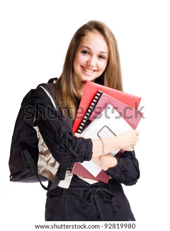 Half length portrait of a happy student girl isolated on white background.