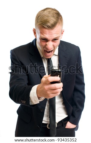 Portrait of scary evil boss screaming you are fired into mobile phone.