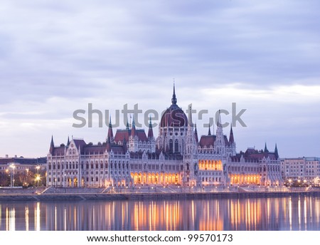 The beautiful historic Hungarian parliament building at early dawn.