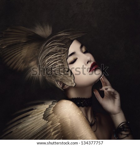 Battle Angel With Feather Helmet In Calm Thinking Pose Small Amount Of Grain Added