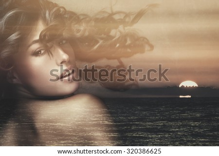 beautiful exotic tanned woman with long wavy hair in motion double exposure with sea sunset