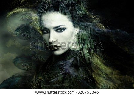 beautiful sorceress woman double exposure portrait