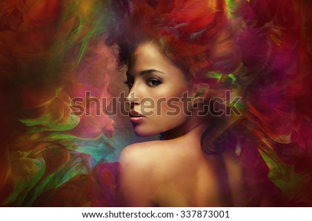 fantasy colorful beautiful young woman portrait, composite photo