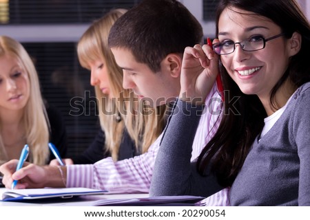 group of young people on meeting or business school, selective focus