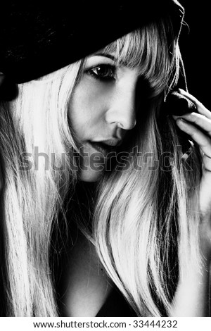 young pretty blond woman with hood portrait, black and white