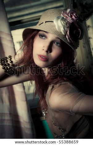young red hair romantic woman portrait, indoor shot