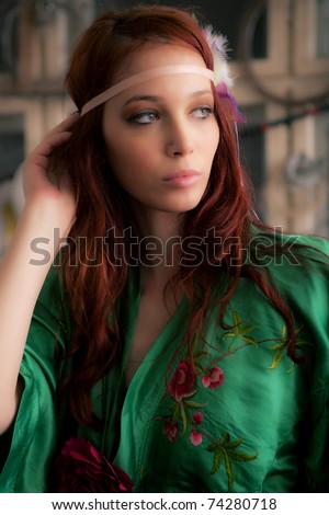 beautiful red hair woman portrait, indoor shot