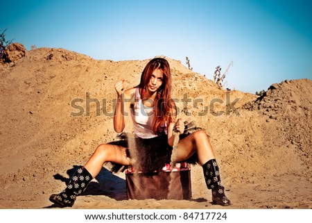 red hair beautiful woman waste sand,  outdoor shot summer day