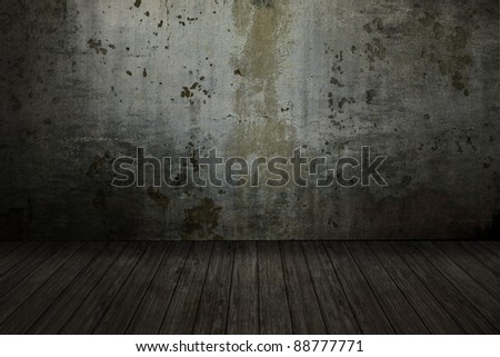 empty grunge room with scratched wall and decking floor