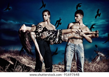 couple of men hold  young woman , night scene, birds fly over  night sky, small  amount  of grain added