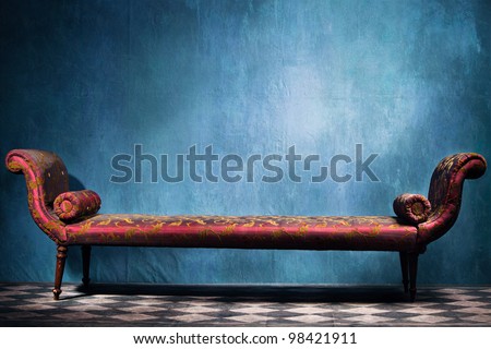 Elegant Long Recamie In Blue Room With Tiled Floor