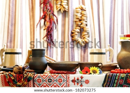 Ukrainian utensils placed in national style