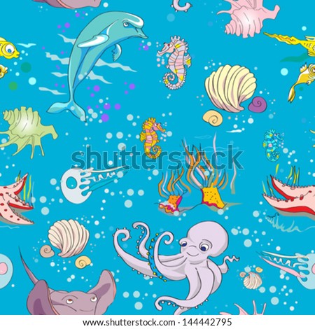 Underwater life seamless pattern with fishes and sea animals, hand drawn doodles over a blue background