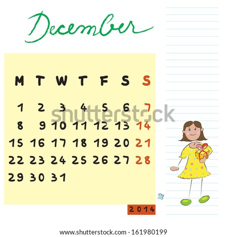 december 2014 illustration, hand drawn calendar design with kid, gifted student profile for schools