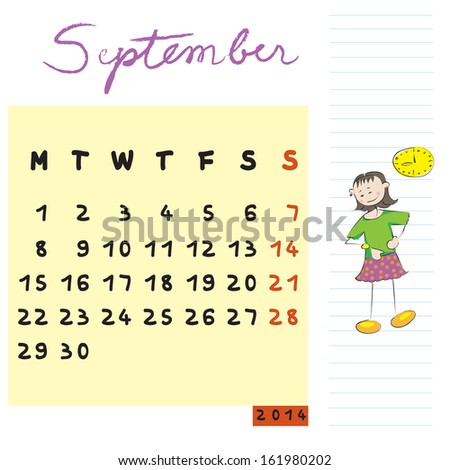 september 2014 calendar illustration, hand drawn design with kid, the principled student profile for international schools