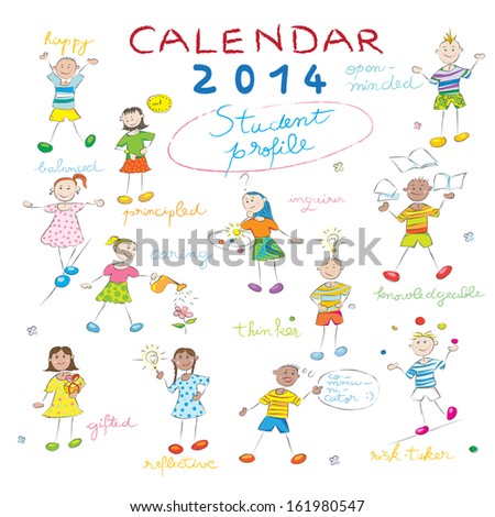 2014 calendar cover on a whiteboard with the student profile, cover design with kids illustration for schools