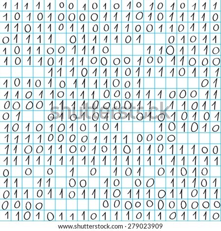 Binary code seamless pattern, hand drawn doodle figures on a math paper background
