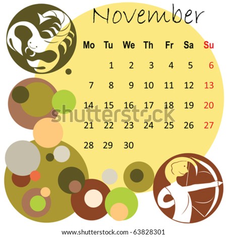 stock vector : 2011 calendar november with zodiac signs