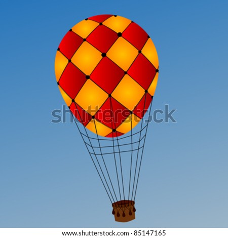 Image shows a hot air balloon over a clear blue sky background