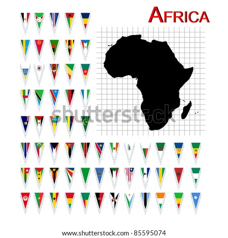 Complete set of African flags and map, isolated and grouped objects over white background