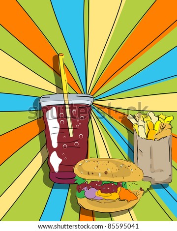 Pop art graphic background with cheeseburger, fries and soda, conceptual  food graphic