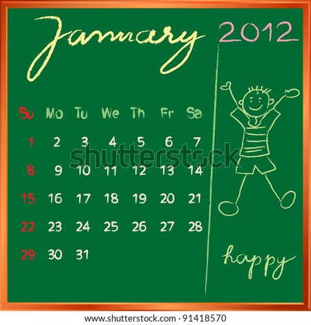2012 calendar on a blackboard, january design with the happy student profile for international schools
