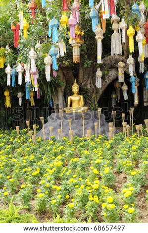Meditation Buddha statue in garden Under the Bodhi tree. Location Chiang Mai, Thailand.