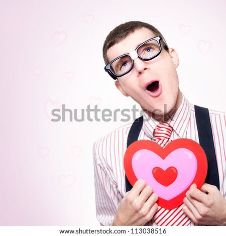 Funny Portrait Of A Romantic Nerd Dreaming Of A Long Lost Love His Dorky Heart Still Aches For, On Pink Heart Shaped Background