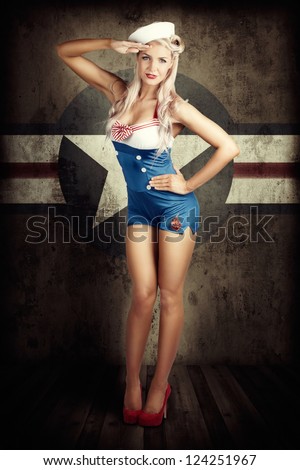 Grunge Portrait Of A Beautiful American Retro Female Cadet Dressed In Navy Uniform While Saluting In A Military Pin Up Girl Concept On Army Star Background