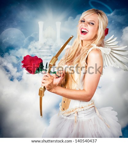 Heavenly Angel Of Love Laughing With Halo On Head In Front Of The Gates Of Heaven. Love Is The Key.