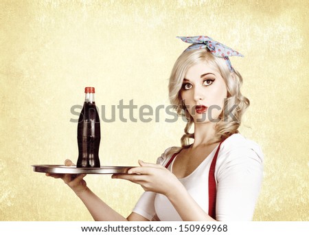 Retro portrait of cute woman holding a cola drink serving tray. Cafe and bistro bar service