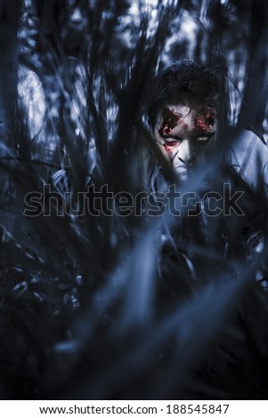 Scary blue horror scene of an evil man hiding in thick grass at a dark silent forest waiting for a revenge attack. To kill or be killed