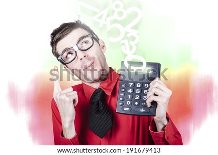 Accounting businessman showing income tax return growth on calculator when pointing up to rising numbers