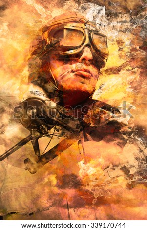 Creative abstract design of a male pilot montaged with fighter plane in a pastel sky of creative art. Painted pilots at war