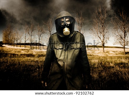 Russian Military Fighter Standing In A Dead Autumn Field As Contaminated Poisonous Air Falls From The Sky During An Attacking Air Raid Bomb