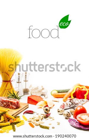 Food ingredients scattered around the white background. Isolated with light shadow. Eco food concept