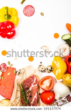 Composition of fresh ingredients, suitable as a frame. Food frame. Illustration concept.