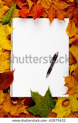 Colorful business frame of fallen autumn leafs and a copybook with a pen on it