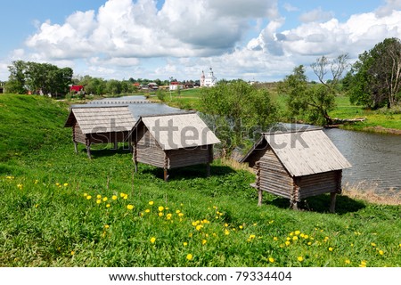 Russian wooden huts (izba) on \