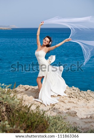 fashion young bride with veil on the rock