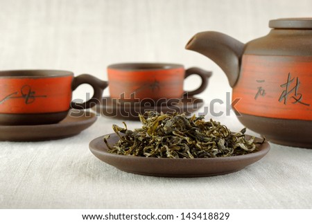 still life on canvas with tea set and dry tea
