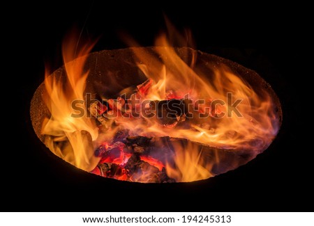 fire burns in the round oven
