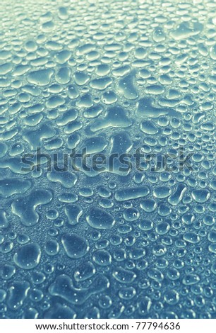 glimmering blue-green water drops on glass