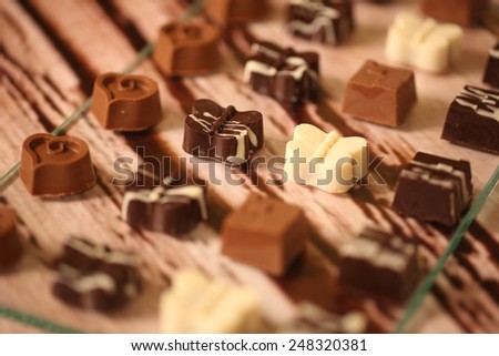 Luxury handmade chocolate bonbon assortment of delicious decorative round chocolates