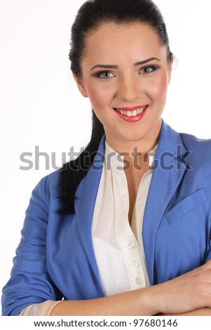 Beautiful flight attendant smiling - isolated over a white background