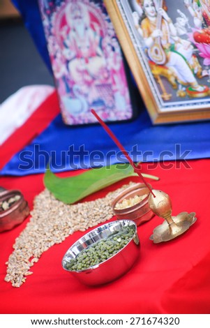 Hindu religion items ready for ritual of Mother Earth before building an object