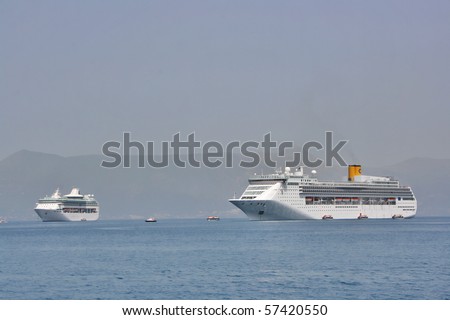 Two big cruise ships anchored in Corfu town bay, Corfu, Greece