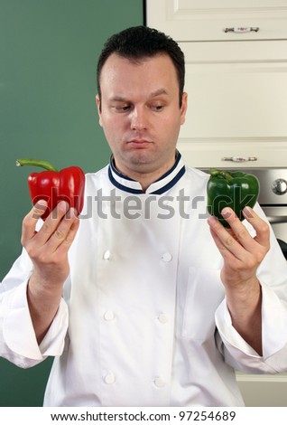 What to choose, red or green pepper. Chef in dilemma