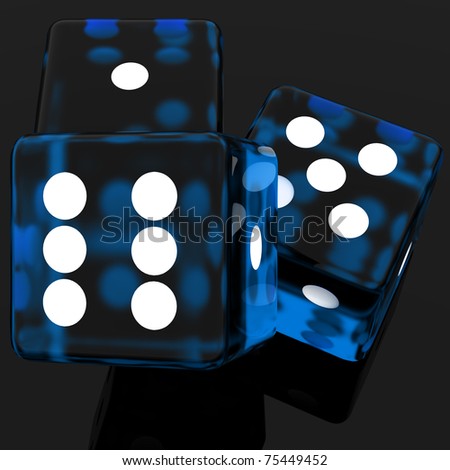3D blue rolling dice on black background